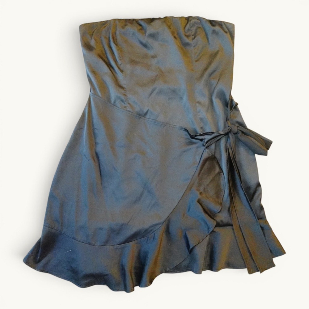 Princess Polly Cottage Hill Black Satin Wrap Ruffle Mini Dress Size 8